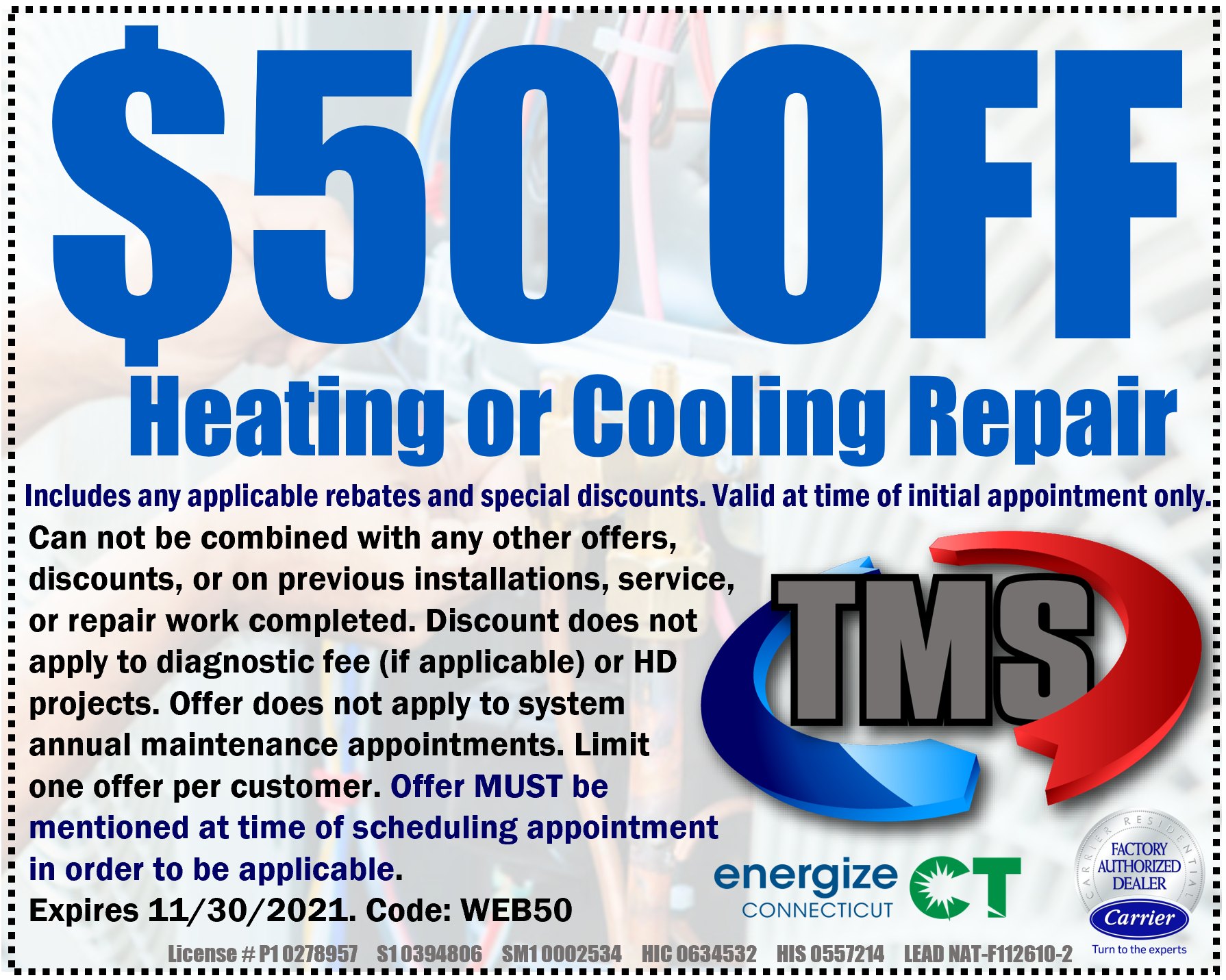 $50 off heating cooling hvac repair