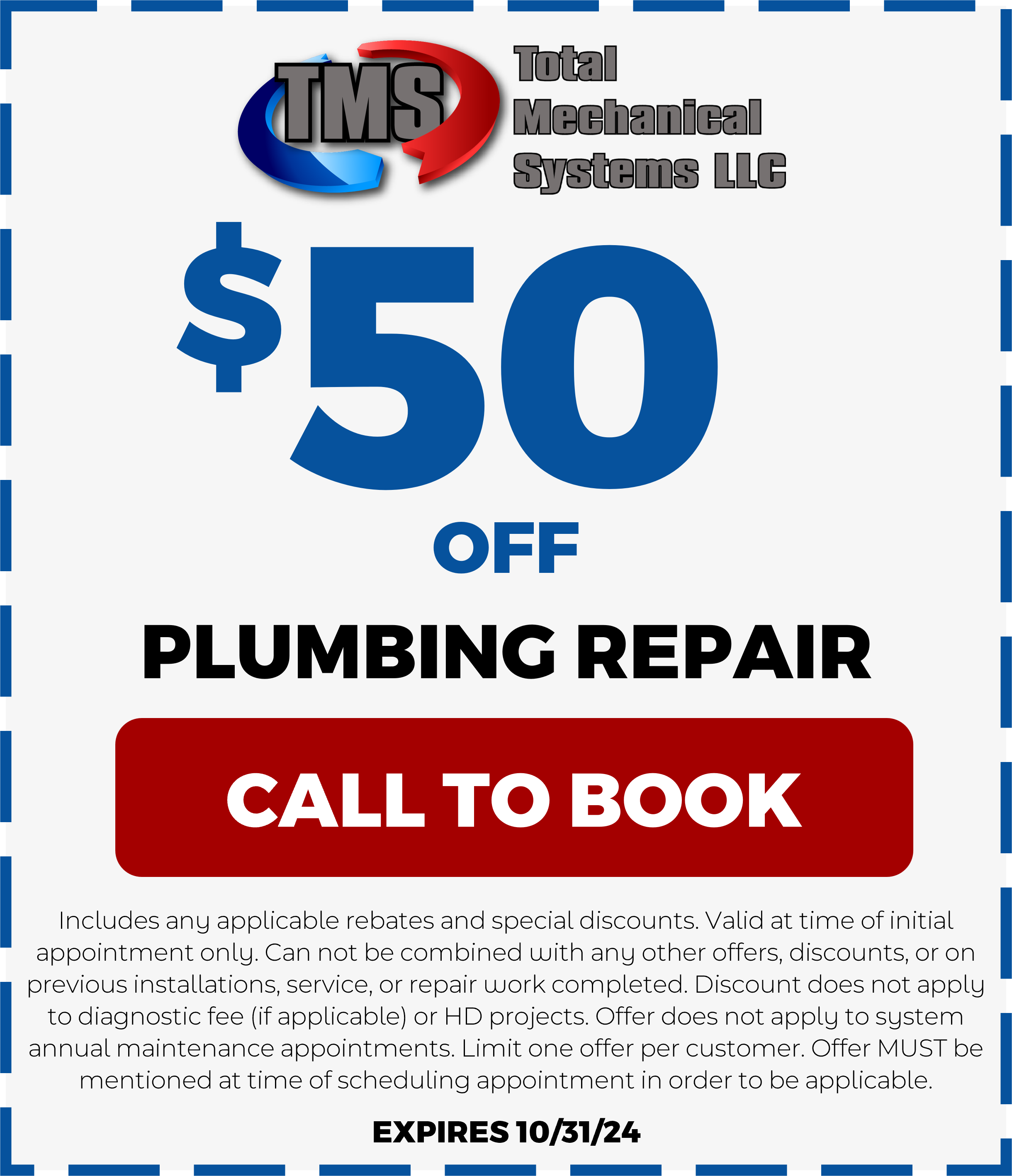 Total Mechanical Systems Furnace repair, HVAC repair, Heater repair. Plumbing Repair 50 dollars off coupon.