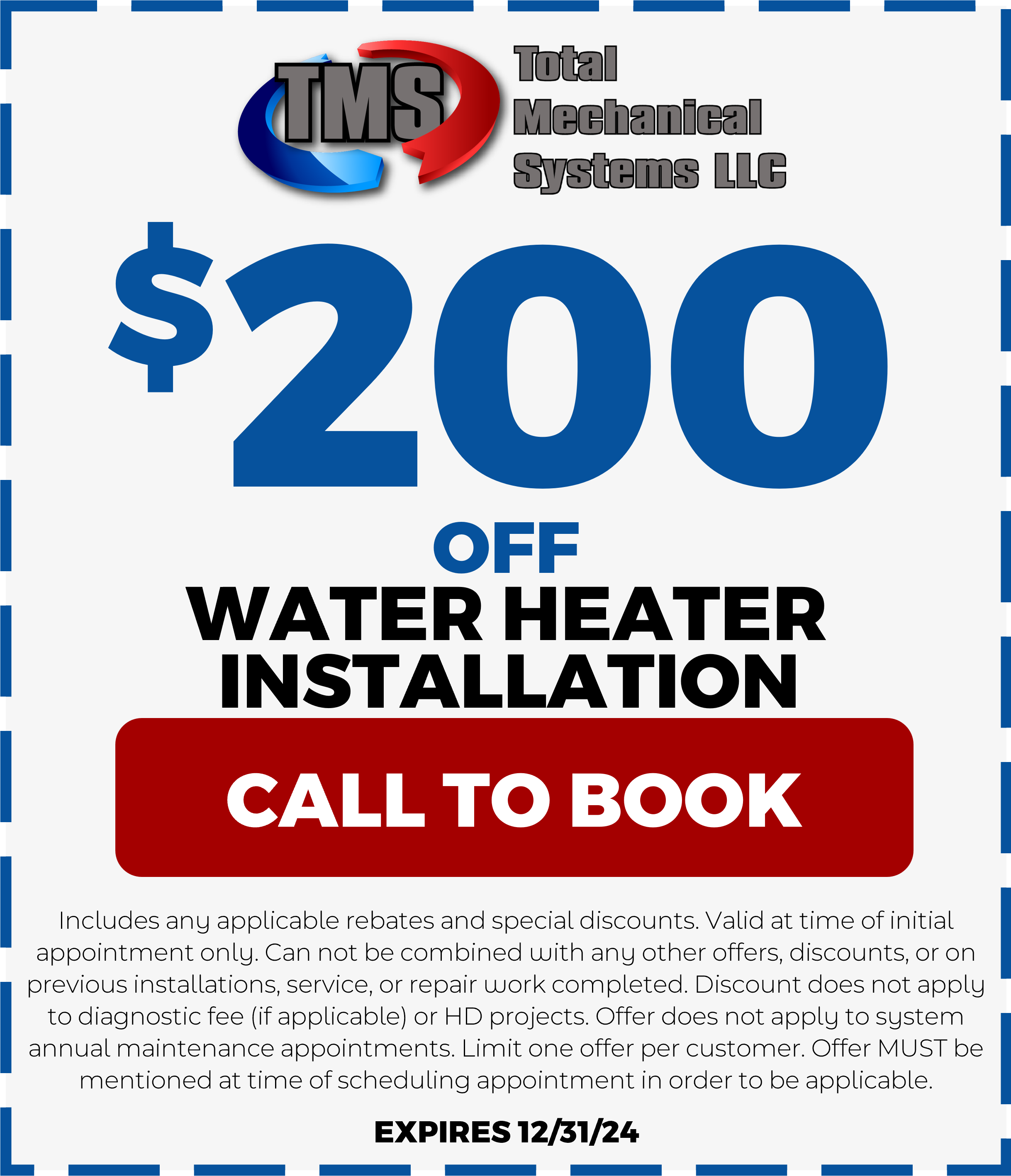 Total Mechanical Systems Furnace repair, HVAC repair, Heater repair. Water Heater install 200 dollars off coupon