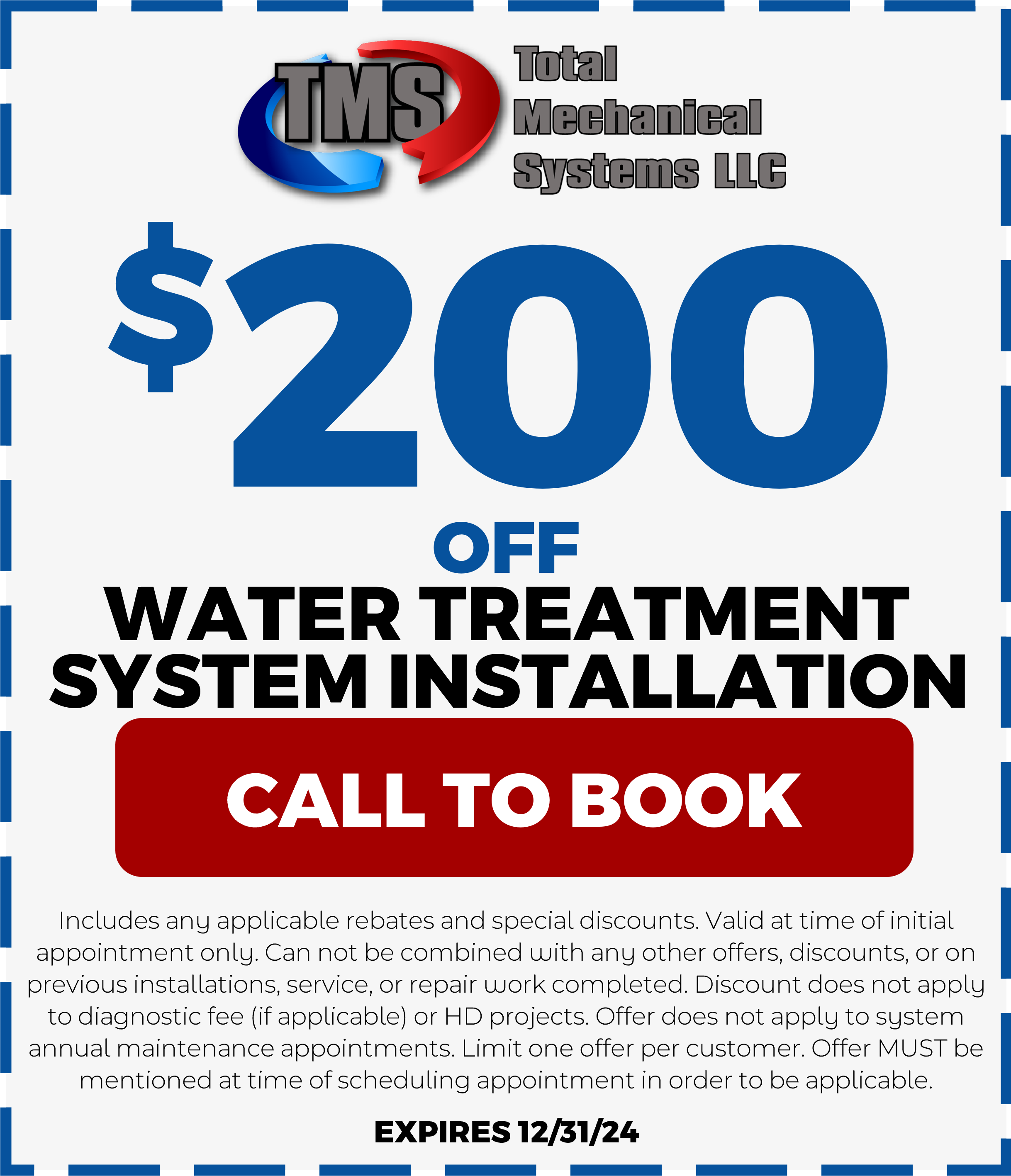 Total Mechanical Systems Furnace repair, HVAC repair, Heater repair. Water treatment 200 dollars off coupon.