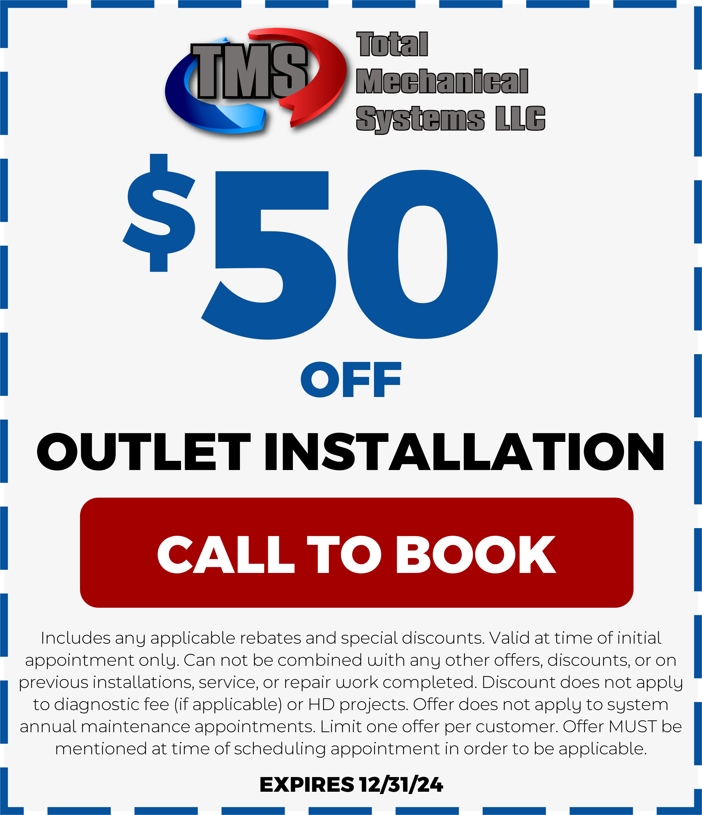 Total Mechanical Systems Furnace repair, HVAC repair, Heater repair. Outlet installation 50 dollars off. 